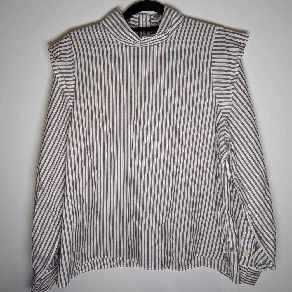 Everlane Shirt Women 8 NWT Brown And White The Wing Shoulder Mockneck Silky - Picture 2 of 5